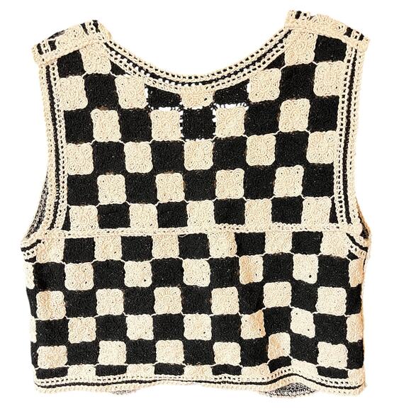 Crochet Checkered Granny Square Sweater Vest Size M Black Boho Festival - Picture 9 of 13
